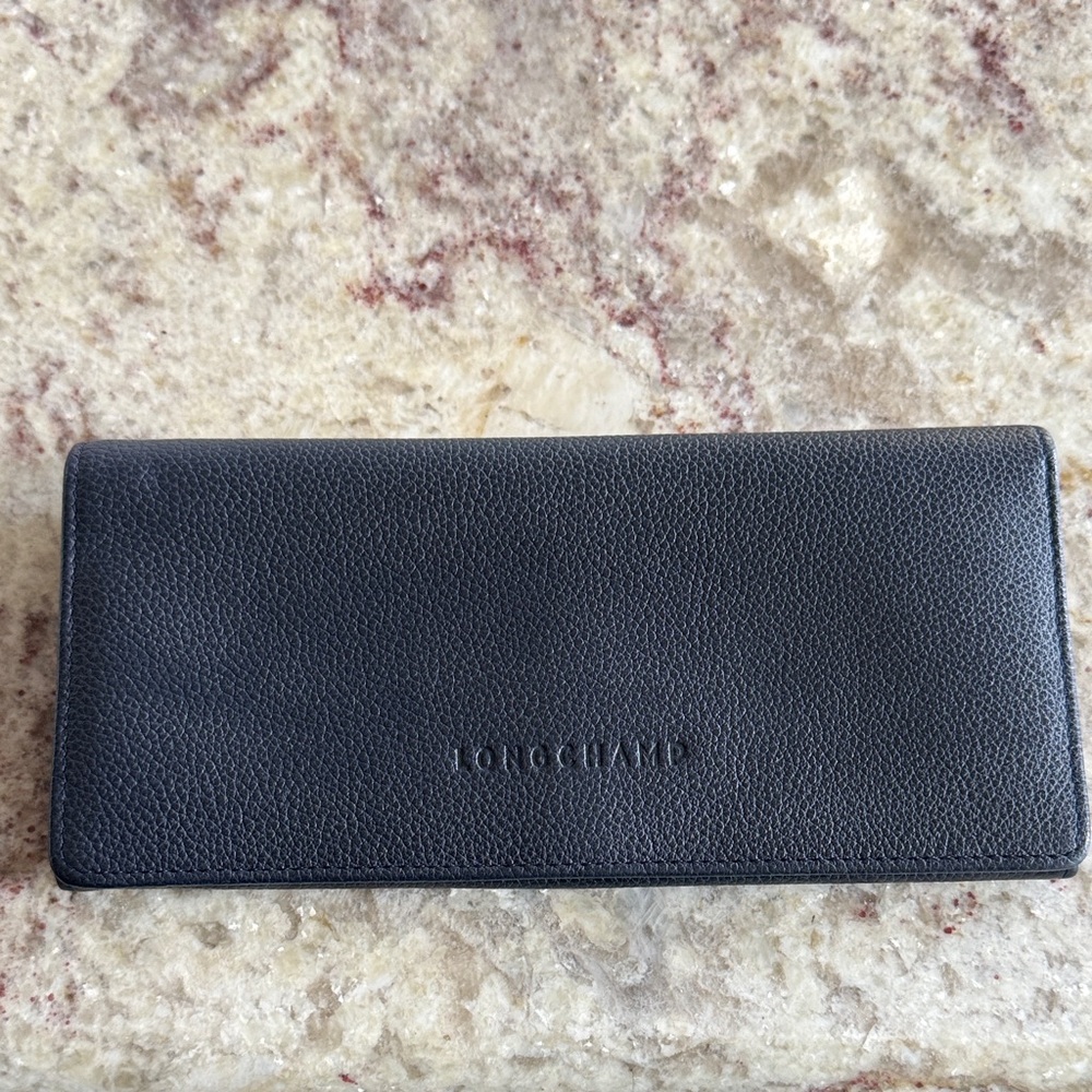 Longchamp Navy Pebbled Leather Slim Wallet